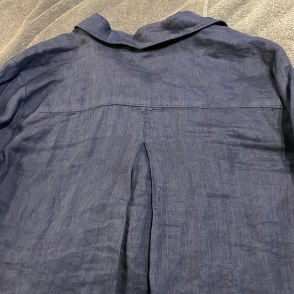 Side Stitch Linen Roll Tab Sleeve V Neck Tunic Blouse Navy Blue Lightweight Sz M - Picture 4 of 13